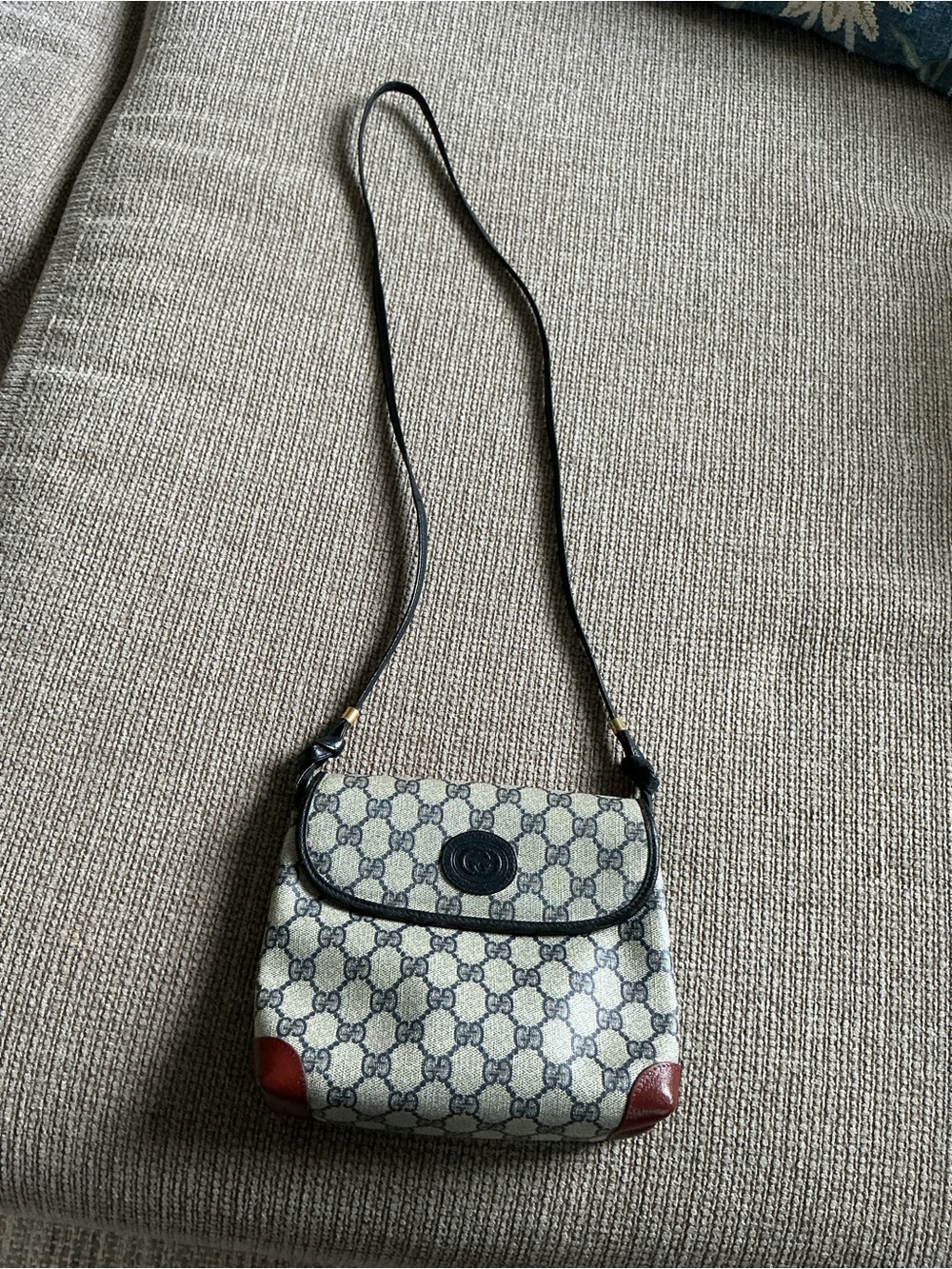 Gucci GG Canvas Crossbody with Black Trim and Burgundy Corner Accents